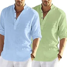 bellstone Men's Cotton Blend Solid Regular Dress Shirt (KURTA800_Combo_Sky Blue_Light Green_M-picture-10