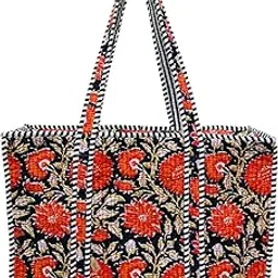 doraya Cotton Printed Tote Bag,Hand Bag Multicolor Quilted Hand Block Floral Printed Women's Carry Bag Shoulder Shopping Tote Bags 18x5.5x16 Inch-picture-46