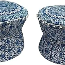 MUDACRAFT Handmade Blue & White Boho Pouf Ottoman Cover Round Footstool with Mandala Print Cotton Pouffe Set of 2 Pieces Cover ONLY-picture-10