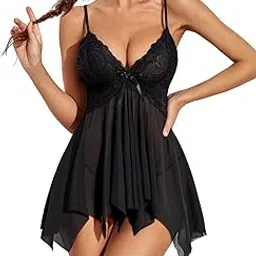 madsy Floral Lace Babydoll Dress Sexy Nightwear Lingerie Set, Asymmetric Hem, with G-String Panty-picture-13