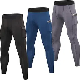 homgee 3 Pack Men Compression Tights Running Leggings Gym Fitness Jogging Pants Pocket Workout Training Sport Trousers-picture-17
