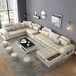 11-Piece U-Shaped Sectional Sofa | 12-Seater with Adjustable Headrests, Charging Console, Ottoman with Tray, Pouffes | Dual-Tone Fabric, Solid Wood Frame, High-Resilience Foam-picture-11