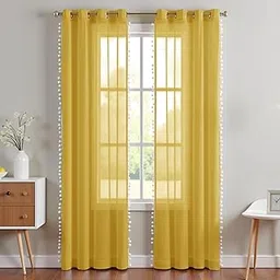 HOMEMONDE Transparent Sheer Cotton Drapes with Beautiful Border Pompom Living Room, Farmhouses 8 Feet Grommet Curtains, Stainless Steel Rings, Pack of 2, Mustard image 1