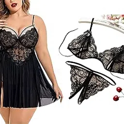 Small to Plus Size Women's Lingerie Lace Chemise Floral Embroidery Mesh Babydoll Side Slit Sleepwear with Lace Bra and Panty XS-4XL.-picture-22