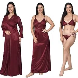 gwachi Women's Satin Solid Maxi Nighty Full Sleeve 1 Nighty, 1 Wrap Gown Night Dress Ladies-picture-34