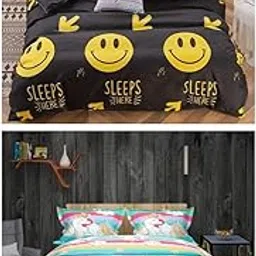 Sky Tex Super Saver Combo of 2 Kids (Smiley & Unicorn) Printed 3D 125 TC Glace Cotton Double Bed Sheet with 4 Pillow Covers (Buy These Bed Sheets Get 1 N - 95 Mask Free)-picture-19