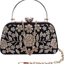 Black Swinsi handmade black embroidered handle clutch bag II Women's Traditional Designer Clutch For Women & Girls II EMBROIDERED CLUTCHES-image-96