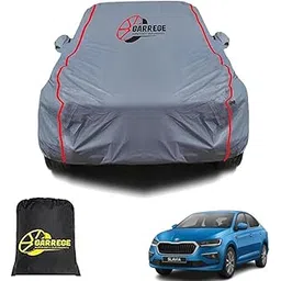 Waterproof Car Body Cover Compatible with Skoda Slavia with Mirror and Antenna Pocket, Triple Stitched (Heat Resistant US Grey with Red Piping)-picture-11