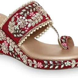 v-walk Women's Slip-Ons Floral Embroidered Ethnic Wedge Heel Bridal Sandals | Wedding, Ethnic, Festive Occasions Bridal Heels for Women | Heel Height: 3 Inches-picture-43