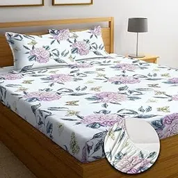 NHD HOME Premium Cotton Elastic Fitted Bedsheets with 2 King Size Pillow Covers | Double Bed with All Around Elastic 180 TC Supersoft |Size-72 King Sizex78+10 inches | White & Pink-image-59