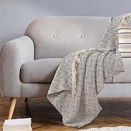 SASHAA WORLD Zig-Zag Patterned|Grey Ivory Woven Throw | Ideal for Living Room, Sofa, Bed, and Chair | 130X180 Cm image 1