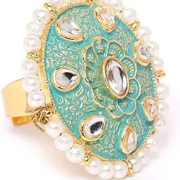 Enamelling Mint Green Kundan & Pearls Traditional Adjustable Finger Ring For Women-ZPFK9624-image-14