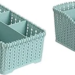 2Pcs Multi Grids Desktop Sundries Storage Basket Plastic Makeup Organizer Home Office Stationary Storage Container Box, Multi-Coloured-picture-27