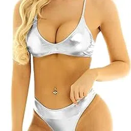 X-Night Women's Shiny Faux Leather Sexy Solid Strappy Cross Bikini Lingerie Set-image-5