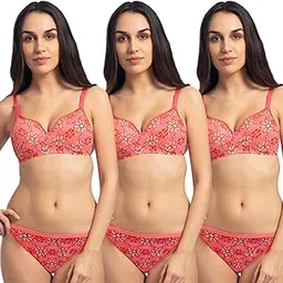 komli Bridal Heavily Padded Push-Up Bra and Panty Set - Cotton Rich - Balconette - Seamless, Wireless, 3/4th Coverage - Embroidered Multicolor Lace on Cups with Halter Straps (Pack of 3)-picture-11