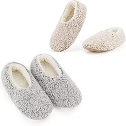 cozylook 2-Pair Women's Soft Sole Slipper Socks with Grippers, Thick Warm Cozy Sherpa Lined Home Socks Set, Cable Knitted Non-slip Fluffy Winter House Bedroom Slippers-picture-23