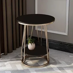 Al Hama Double-Layer Iron Metal Round Nightstand Bedside Table for Sitting Room Sofa Bedroom Bedside Storage Table Home Office Desk (Gold & Black)-image-1