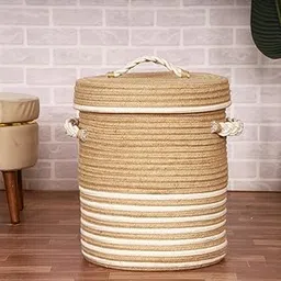 BOBBINY Jute Cotton Striped Laundry Basket with Lid - Large 14"D x 18"H Laundry Basket for Clothes, Toys, Magazines, Blankets and Throws (Brown)-image-37