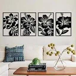 SHIVASHRAY CRAFTS Wooden Wall Art Set of 4 – Hibiscus Flower Laser Cut Panels | Modern Floral Wall Hanging for Living Room, Bedroom & Office | Black MDF Decorative Wall Hangings-picture-25