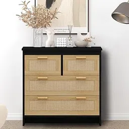 Goldview Furniture Black Wooden Chest of Drawers with Cane Front – 4-Drawer Cabinet with Handwoven Rattan Panels – Modern Boho Dresser for Bedroom, Living Room-picture-19