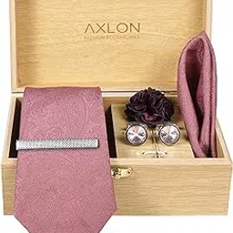 axlon Tie for Men – Checkered Silk Neck Ties Set with Cufflinks Flower Pin, Pocket Square & Black Gift Box, Combo Necktie Sets for Office Wear, Formal Suits & Weddings (Soft Peach, NXWDS_188)-picture-11