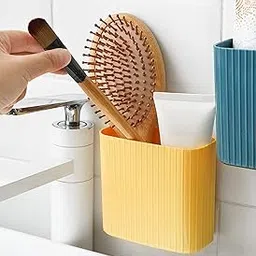 Toothbrush Holder (1 Pc) Plastic Stand for Toothpaste, Comb, Brush, Cream, Lotion Kids Bathroom Cup Drain Waterproof Self-Adhesive, Yellow-image-31