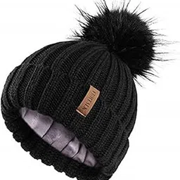 vkg Women's Faux Fur Pom Pom Crochet Knitted Wool Skull Beanie Hat Cap (Black)-picture-31