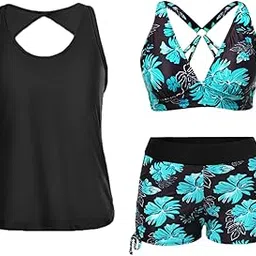 yonique 3 Piece Athletic Tankini Swimsuit for Women Sport Swimwear with Boyshort Tank Top with Bra and Shorts-picture-35