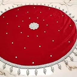 indiancraftsupplies Decorative Thaalposh Cover for Pooja Thali, Maroon with Silver Beads and Embroidery, Traditional Design (Size 20 Inches) Round-picture-13