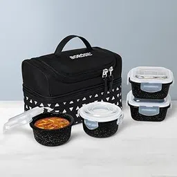 Borosil Kube Black Borosilicate Color Glass Lunchbox with Bag | 4 pc Container Set (320ml Square x 2 + 240ml Round x 2) | Microwave & Dishwasher Safe, Leakproof | Tiffin for Office, School, College-image-48
