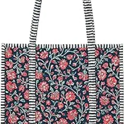 the spring story Ira & Bahaar Collection Handblock Print Cotton Tote Bag for Womens (Blue, Green & Multicolor)-picture-10