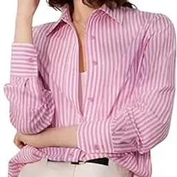 Women's Pink Striped Cotton Blend Button-Down Shirt, Long Sleeve, Casual Style, Regular Length, Breathable Fabric-picture-12