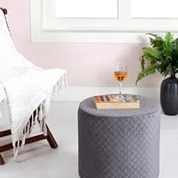 Interiors Spot Ottoman Pouffes Sitting Mudda Puffy Stool for Living Room Dressing Table Pouf Round Footstool for Office Home Decor, Check Holland Velvet Drum, 16x16x18 Inch, Grey-picture-21