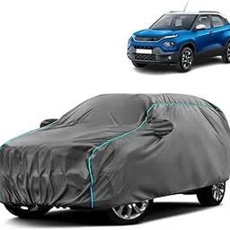 Water-Resistant Dustproof Car Cover for Tata Punch - Mirror Pocket, UV Protection, Scratch Guard, Buckle Belt, Front & Back Bottom Elastic with Aqua Blue Piping - Grey-picture-71
