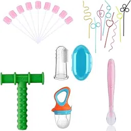 Safe-O-Kid® Baby Oral Sensory Kit | 6 Pieces, 1 Finger Brush, 1 Chewy Tube, 1 Mouth Swab, 1 Fruit Nibbler, 1 Silicone Spoon, 1 Twist Straws - Assorted-picture-14