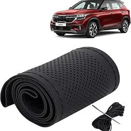 KINGSWAY® Car Steering Wheel Cover Sewable Compatible with Kia Seltos (Year 2023 Onwards), Top-Notch PU Leatherite, Black Color with Black Thread, Pack of 1 with Sewing Needle and Thread-image-88