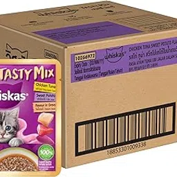 Whiskas Tasty Mix Kitten (2-12 Months) Wet Cat Food, Chicken, Tuna with Sweet Potato in Gravy, 70 g x 28, 100% Complete & Balanced Nutrition for Kittens image 1