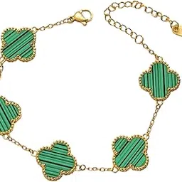 jca imitation Elegant Malachite Green Clover Chain Bracelet, Gold-Plated, Adjustable Length-picture-12