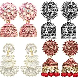 fashion frill Multicolor Oxidised Earrings Jhumka Set For Women Girls Stylish Traditional Pearl Small Jhumki Earings Pair Combo Of 4-picture-51