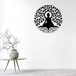 DarkIndia Lord Buddha MDF Wall Art | Meditating Buddha Under Bodhi Tree | Laser Cut Iron Wall Hanging | Spiritual Home Decor for Living Room, Office, Temple | Black Finish image 1