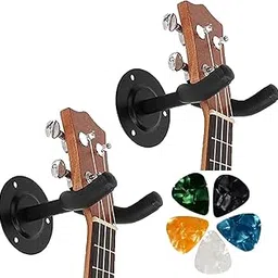Pack of 2 Wall Mount Guitar Stands with 4 Celluloid Picks | Display Hanger Hook Holder for Acoustic Electric Bass Mandolin Ukelele | Anti-Scratch Bracket with Soft Sponge Cover - Black-picture-56