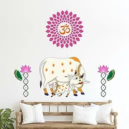 Rawpockets Kamadhenu Cow and Calf with Om and Lotus Flower for Home, Pooja Room & Temple Self Adhesive Wall Sticker-image-70