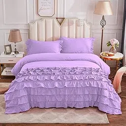 Easy Bedding- 400 Thread Count- 3 Piece Half-Ruffle Duvet/Blanket/Quilt Cover Set with Zippered- 100% Cotton Rajai Cover with 2 Pillow Cover- Soft & Warm- Queen Size Lavender Solid-image-0