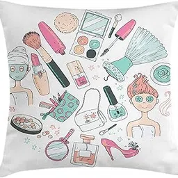 Lunarable Makeup Throw Pillow Cushion Cover, Beauty and Care Products Woman with Face Cosmetic Blush Doodle, Decorative Square Accent Pillow Case, 24" X 24", Pink Seafoam Pale Peach-image-22