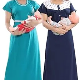 Fambe Women's Full Length Cotton Nursing and Maternity Nighty - Value Combo Pack of 2-picture-17