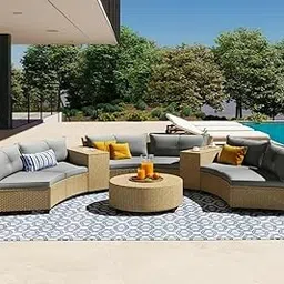 VIRASAT 8 Seater Half-Moon Sofa Outdoor Patio Furniture Set Rattan Wicker Sectional Sofa Set with Half-Round Table and Tempered Glass Tabletop with Pillows for Garden,Pool,Backyard (Grey Cushion)-picture-30
