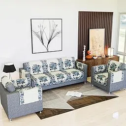 Kuber Industries Sofa Cover | 5-Seater Sofa Cover Set with Arms | 36x122 Inch | Couch Sofa Cover for Living Room | Net Sofa Slipcover | Blaze-Rose Digital Embroidery Print-640 | Large | Blue-image-0