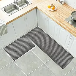 Kitchen Anti Slip-Anti Fatigue Floor Mat Set, L-Shaped Corner Rug, Ribbed Pattern, Brown, 2 Piece (2, Grey, Large)-image-0
