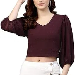 neudis Women Beige Chiffon Self Design Puff Sleeves Blouson Crop Top-picture-52