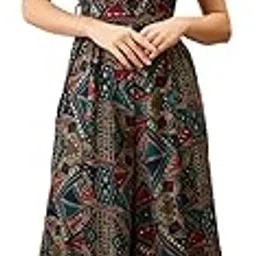 globus Women Ethnic Print Round Neck Lace Detail Flared Wide Leg Fusion Jumpsuit-picture-19